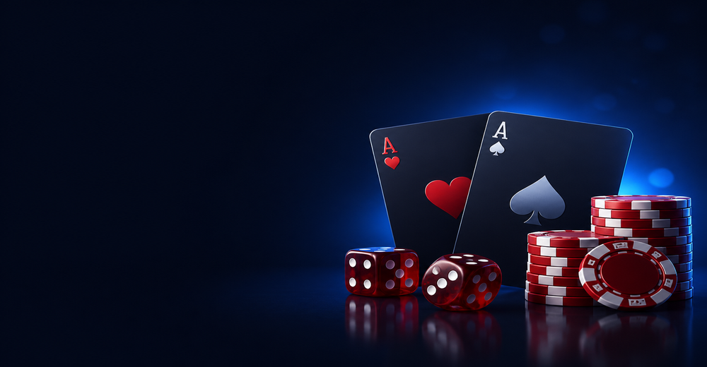 Casino cards chips and dice beside Stake promo code card
