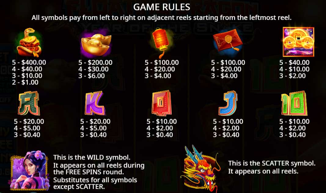 Symbols and Payouts at Floating Dragon: Year of the Snake Slot