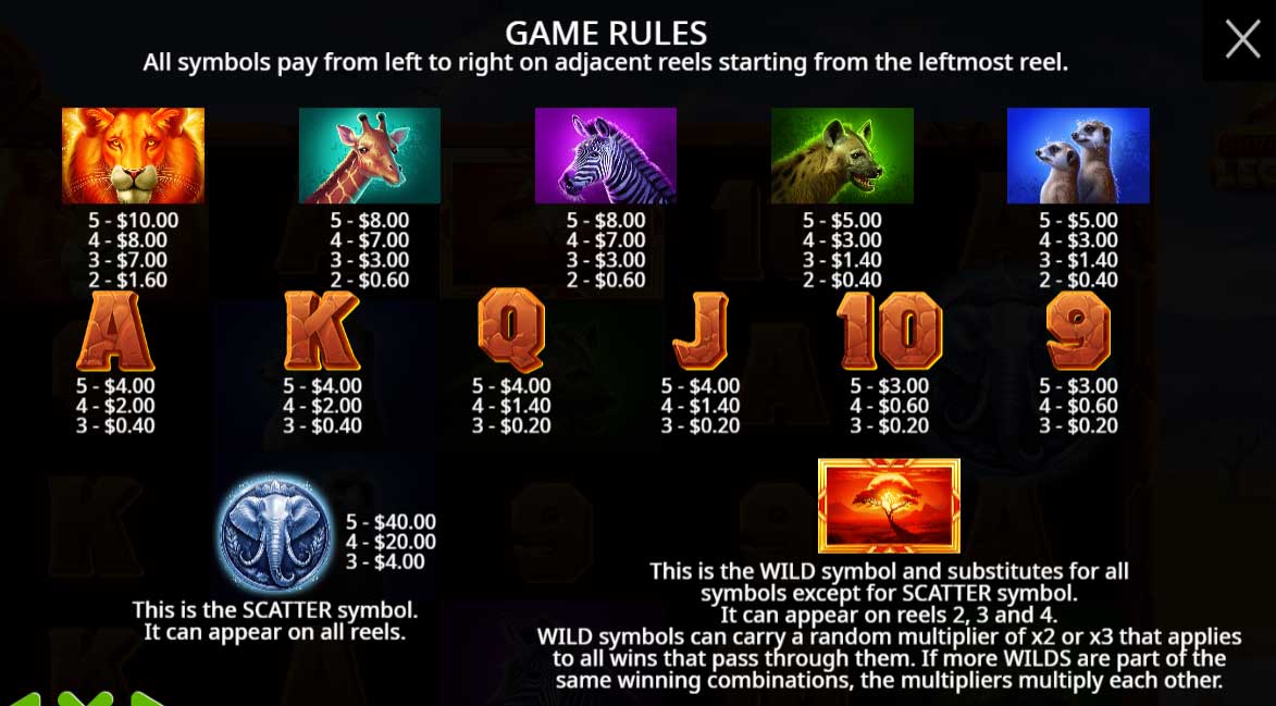 Symbols and Payouts at Savannah Legend