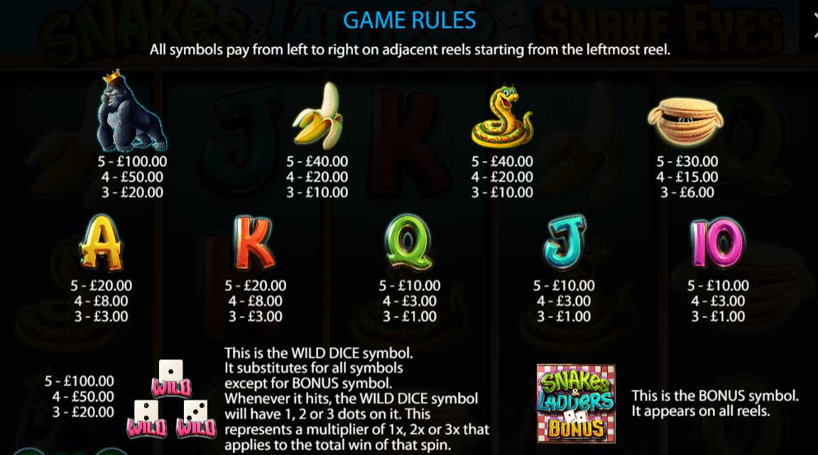 Symbols and Payouts at Snakes and Ladders Snake Eyes 