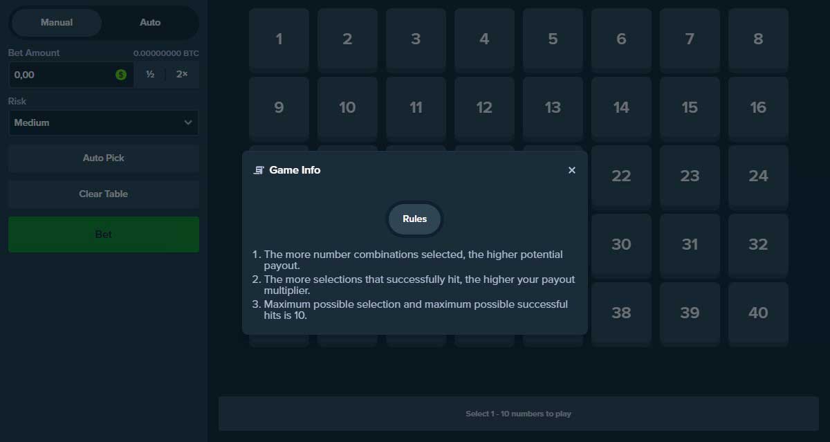 Symbols and Payouts at Keno by Stake